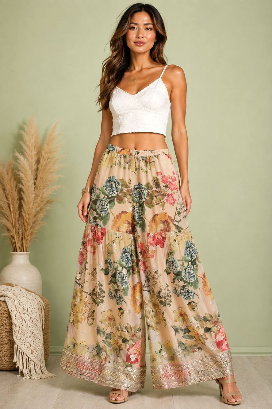 Floral Chiffon Palazzo Pants Wide Leg Beaded Sequin Lined Skirt Look Boho L